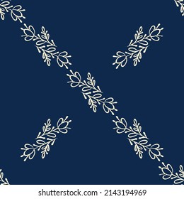 Diamond - shaped seamless pattern with flowers in ethnic style Ornate drawing with elements of nature on dark blue background Vector botanical illustration Design for fabric, wrapping paper, packaging