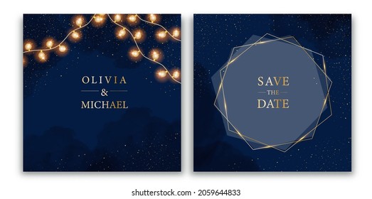 Diamond shaped vector wedding invitation.Magic night dark blue cards with sparkling glitter bokeh. Golden scattered dust