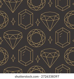 Diamant-Formen umreißen nahtloses Vektormuster für Luxusmarke oder Schmuckpapier-Design. Goldene Formen auf braunem Hintergrund