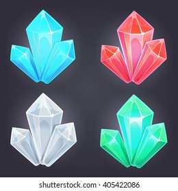 Diamond shine game. Crystals set, vector objects, isolated on dark background