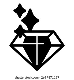 Diamant mit Glanz solide Ikone, Schmuckkonzept. Vektorgrafiken. Brillant, Edelstein-Zeichen auf weißem Hintergrund, Glyphe-Symbol für Mobil- oder Webdesign