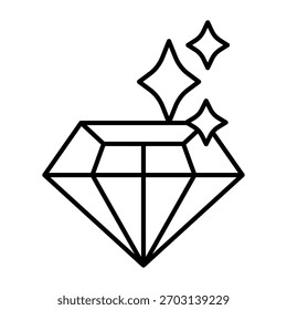 Diamante con brillo brillante icono de línea delgada, concepto de joyería. Gráficos de Vector. Signo brillante de la piedra preciosa en el fondo blanco, icono del estilo del contorno para el móvil o el Diseño web