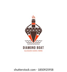 plantilla de diseño del logotipo de la nave de diamantes. la idea es combinar el barco visible desde el frente y el diamante usa colores marrones y naranjas aislados en fondo blanco.