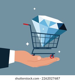 Diamond in shopping cart in businessman hand. Bargain business deal for buyer and seller. Best price shopping. Jewelry. Flat vector illustration.