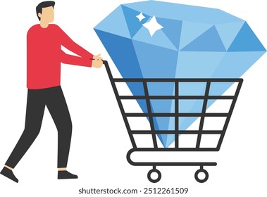 Diamante en Carrito de compras en mano de hombre de negocios. Negocio de negocios para el comprador y el vendedor. Las mejores compras de Precio. Joyas. Ilustración vectorial plana.

