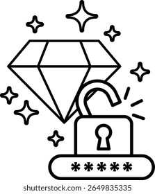 A diamond is shown with a keyhole in the middle of it. The diamond is surrounded by stars and the keyhole is surrounded by a lock. Concept of unlocking a treasure or a secret