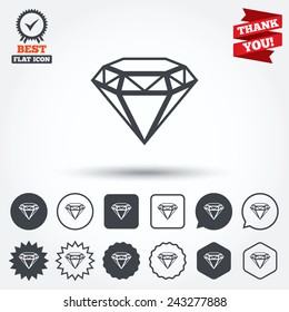 Diamond Sign Icon. Jewelry Symbol. Gem Stone. Circle, Star, Speech Bubble And Square Buttons. Award Medal With Check Mark. Thank You Ribbon. Vector