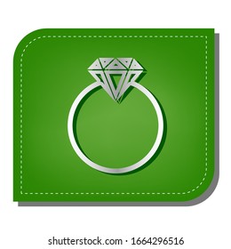 Diamant-Zeichengrafik. Silber Farbverlauf-Symbol mit dunkelgrünem Schatten auf ökologisch gepflastertem grünem Blatt. Illustration.