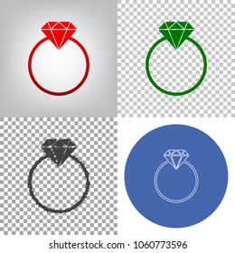 Diamond sign illustration. Vector. 4 styles. Red gradient in radial lighted background, green flat and gray scribble icons on transparent and linear one in blue circle.