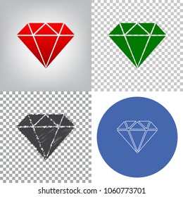 Diamond sign illustration. Vector. 4 styles. Red gradient in radial lighted background, green flat and gray scribble icons on transparent and linear one in blue circle.