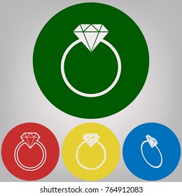 Diamond sign illustration. Vector. 4 white styles of icon at 4 colored circles on light gray background.