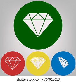 Diamond sign illustration. Vector. 4 white styles of icon at 4 colored circles on light gray background.