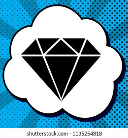 Diamond sign illustration. Vector. Black icon in bubble on blue pop-art background with rays.