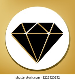 Diamond sign illustration. Vector. Black icon with light brown shadow in white circle with shaped ring at golden background.