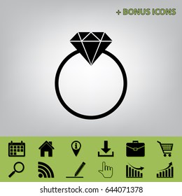 Diamond sign illustration. Vector. Black icon at gray background with bonus icons at celery ones