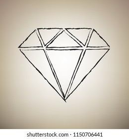 Diamond sign illustration. Vector. Brush drawed black icon at light brown background.