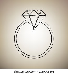 Diamond sign illustration. Vector. Brush drawed black icon at light brown background.