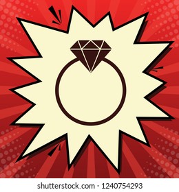 Diamond sign illustration. Vector. Dark red icon in lemon chiffon shutter bubble at red popart background with rays.