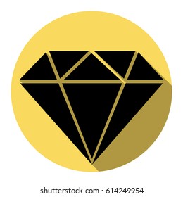 Diamond sign illustration. Vector. Flat black icon with flat shadow on royal yellow circle with white background. Isolated.