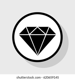 Diamond sign illustration. Vector. Flat black icon in white circle with shadow at gray background.