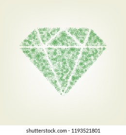 Diamond sign illustration. Vector. Green hexagon rastered icon and noised opacity and size at light green background with central light.