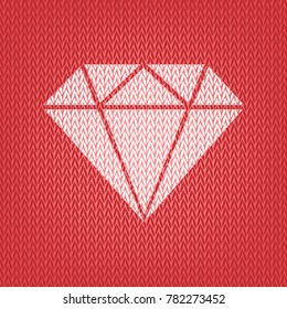 Diamond sign illustration. Vector. Knitted white icon on a red knitted background.
