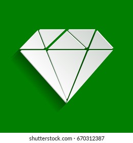 Diamond sign illustration. Vector. Paper whitish icon with soft shadow on green background.