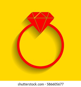 Diamond sign illustration. Vector. Red icon with soft shadow on golden background.
