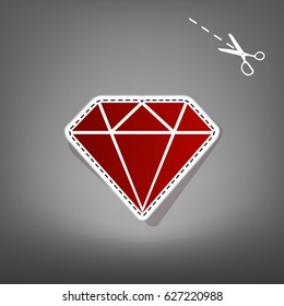 Diamond sign illustration. Vector. Red icon with for applique from paper with shadow on gray background with scissors.