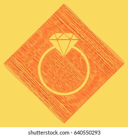 Diamond sign illustration. Vector. Red scribble icon obtained as a result of subtraction rhomb and path. Royal yellow background.