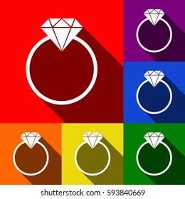 Diamond sign illustration. Vector. Set of icons with flat shadows at red, orange, yellow, green, blue and violet background.