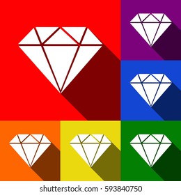 Diamond sign illustration. Vector. Set of icons with flat shadows at red, orange, yellow, green, blue and violet background.