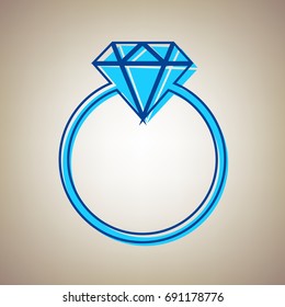 Diamond sign illustration. Vector. Sky blue icon with defected blue contour on beige background.