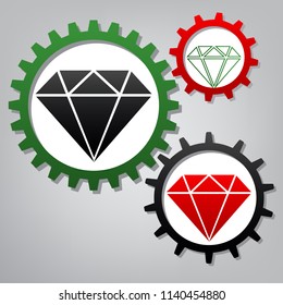 Diamond sign illustration. Vector. Three connected gears with icons at grayish background.