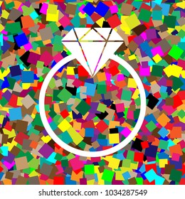 Diamond sign illustration. Vector. White icon on colorful background with seamless pattern from squares.