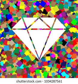 Diamond sign illustration. Vector. White icon on colorful background with seamless pattern from squares.