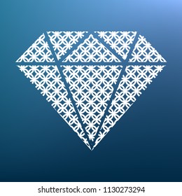 Diamond sign illustration. Vector. White textured icon at lapis lazuli gradient background.