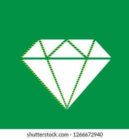 Diamond sign illustration. Vector. White flat icon with yellow striped shadow at green background.