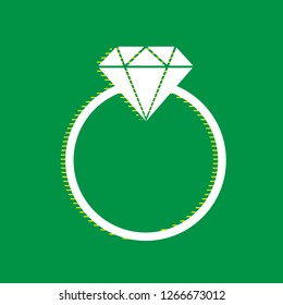 Diamond sign illustration. Vector. White flat icon with yellow striped shadow at green background.