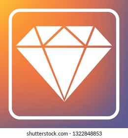 Diamond sign illustration. Vector. White icon on transparent button at orange-violet gradient background.