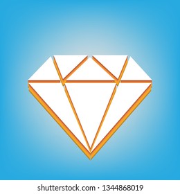 Diamond sign illustration. Vector. White icon with 3d warm-colored gradient body at sky blue background.