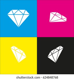 Diamond sign illustration. Vector. White icon with isometric projections on cyan, magenta, yellow and black backgrounds.