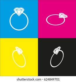 Diamond sign illustration. Vector. White icon with isometric projections on cyan, magenta, yellow and black backgrounds.