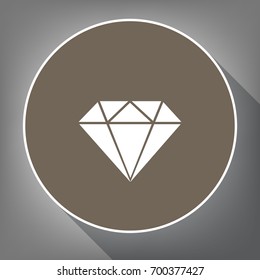Diamond sign illustration. Vector. White icon on brown circle with white contour and long shadow at gray background. Like top view on postament.