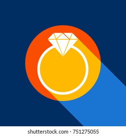 Diamond sign illustration. Vector. White icon on tangelo circle with infinite shadow of light at cool black background. Selective yellow and bright navy blue are produced.
