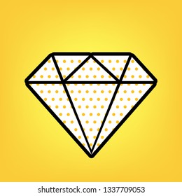 Diamond sign illustration. Vector. Yellow polka dot white icon with black contour at warm yellow background.
