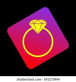 Diamond sign illustration. Vector. Yellow icon at violet-red gradient square with rounded corners rotated for dynamics on black background.