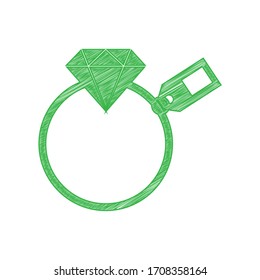 Diamantzeichen mit Anhänger. Grünes, schreibendes Symbol mit fester Kontur auf weißem Hintergrund. Illustration.