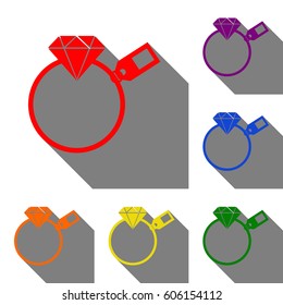 Diamond sign with tag. Set of red, orange, yellow, green, blue and violet icons at white background with flat shadow.