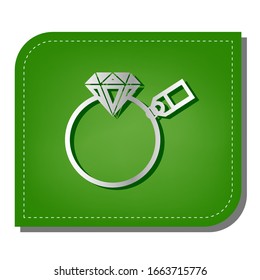 Signo de diamante con etiqueta. Icono de línea de gradiente plateado con sombra verde oscuro en hoja verde con parches ecológicos. Ilustración.
